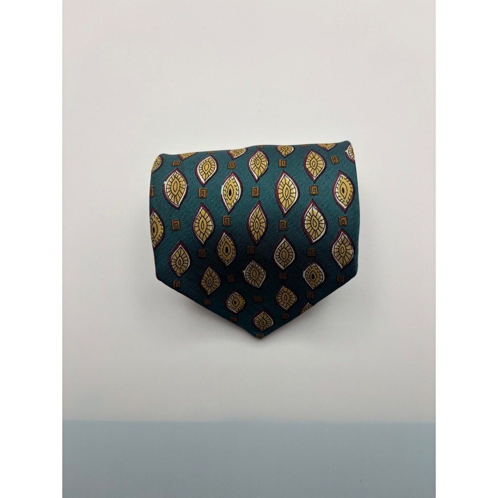 Meeting Street Mens Silk Tie Teal Green Gold Geometric Teardrop Made in Italy